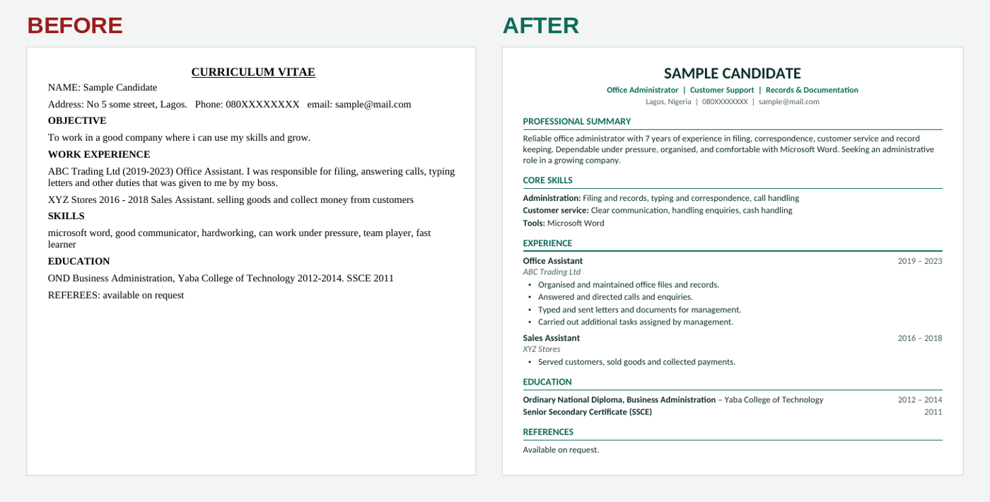 A plain CV on the left and the same CV rewritten with a clean layout on the right