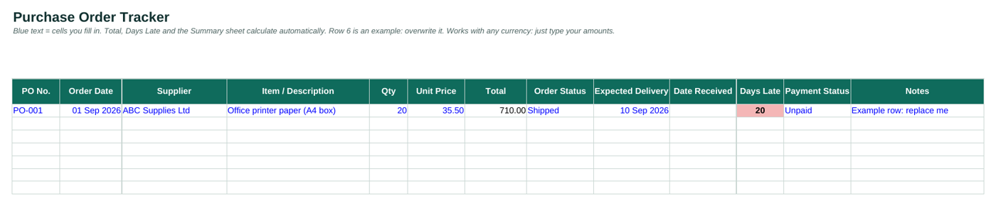Purchase Order Tracker spreadsheet with example order