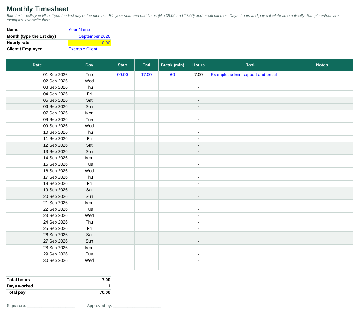 Monthly timesheet with hours and pay calculated